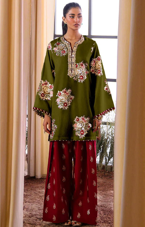 ETHNC SILK EMB MEHNDI TEAL